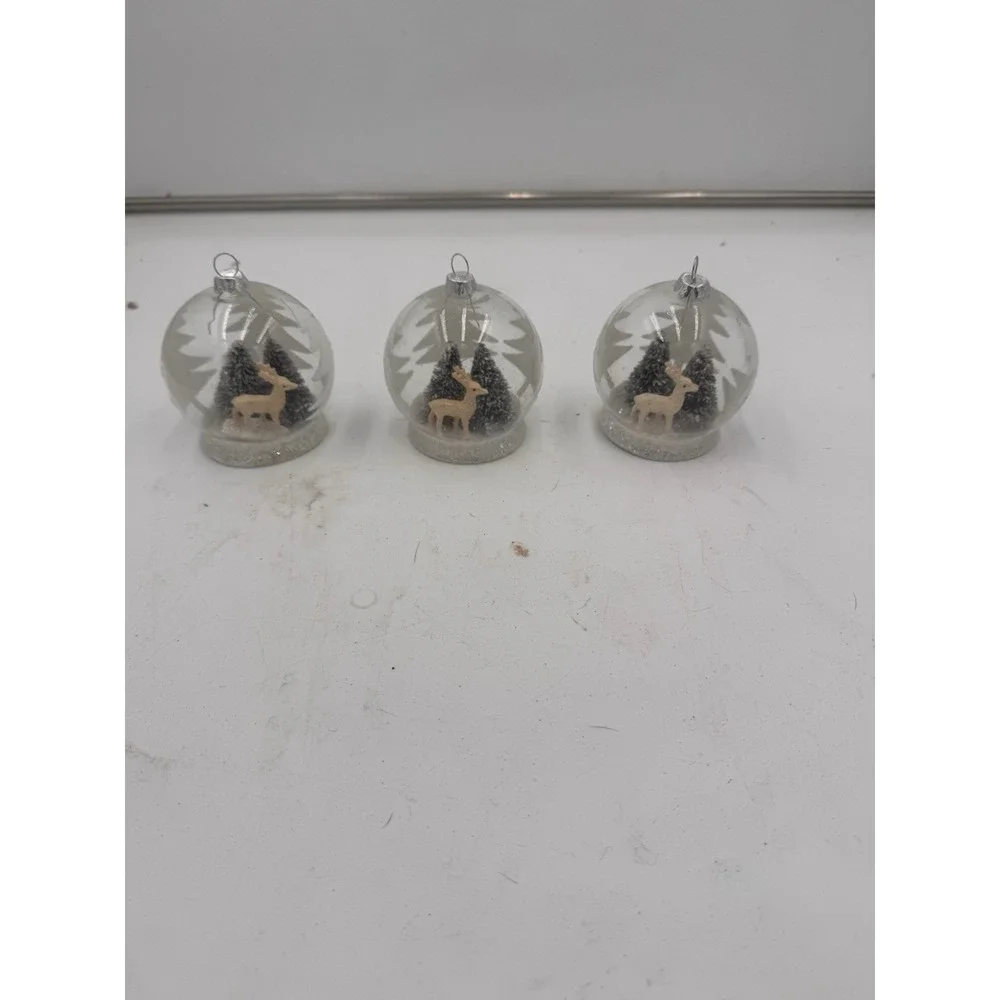Lot Of 3 Pier One Christmas Ornament Snow globe Deer And Trees‎  Glitter 3-D